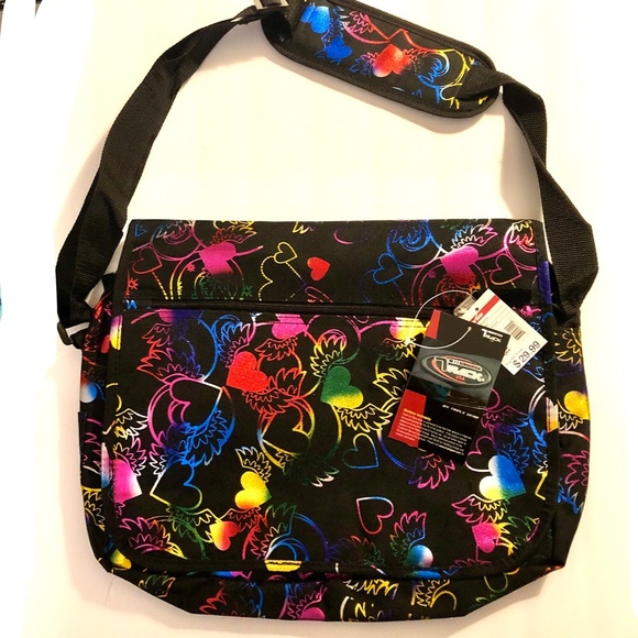 NWT Triple Gear metallic multicolor crossbody messenger bag hearts with wings - Picture 1 of 11